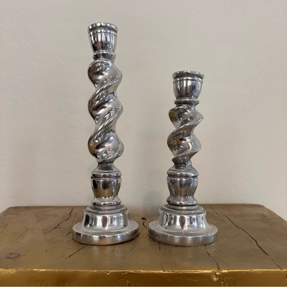 Set of 2 Vintage metal Silvertone Spiral Candlesticks